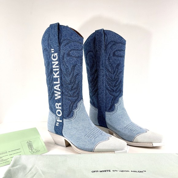 Off-White Shoes - Off-White™ | Denim Cowboy Boot in Bleach White Spellout "FOR WALKING" 37